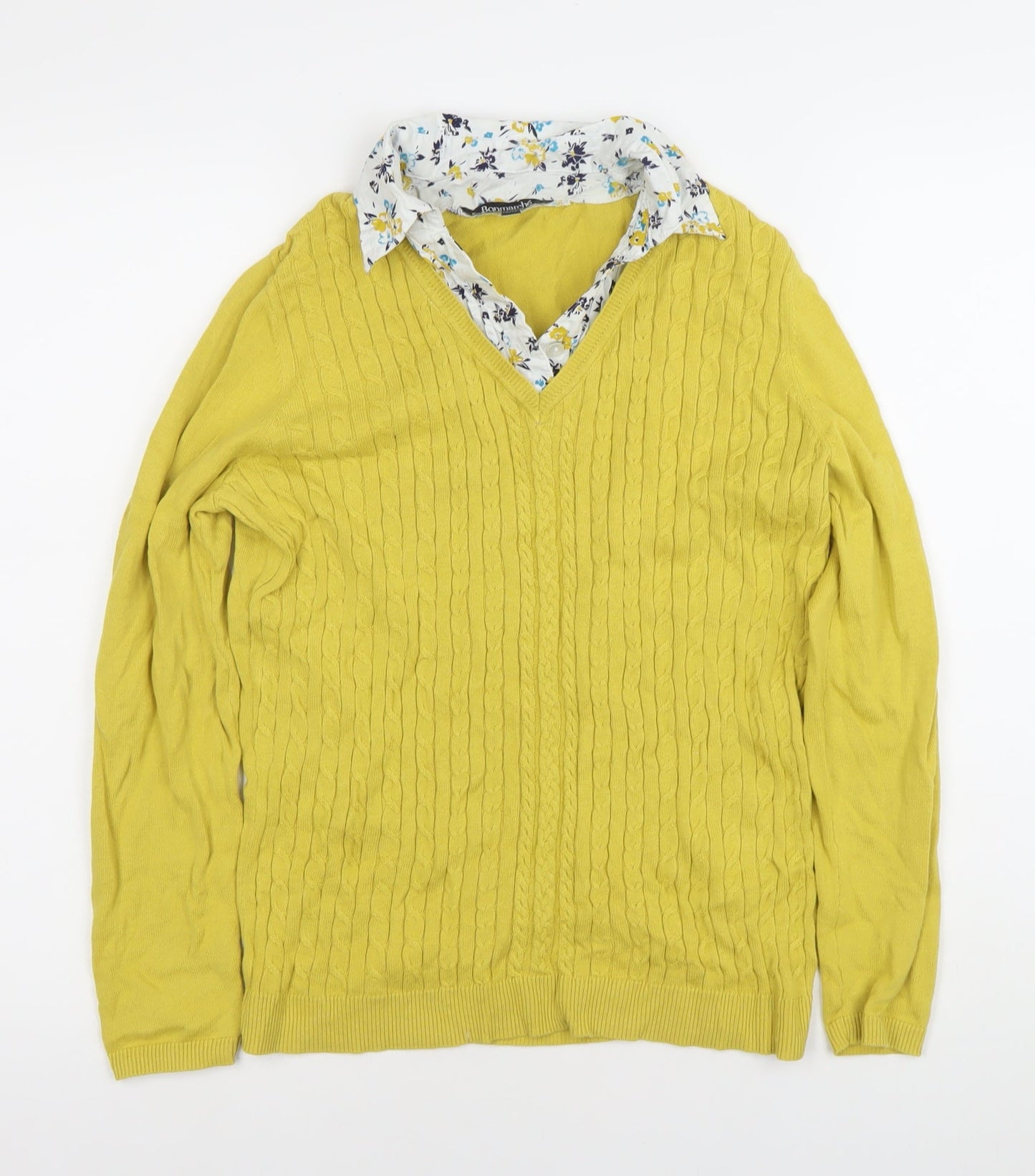 Bonmarche Womens Yellow Cable-Knit V-Neck Cotton Jumper Size 12/14