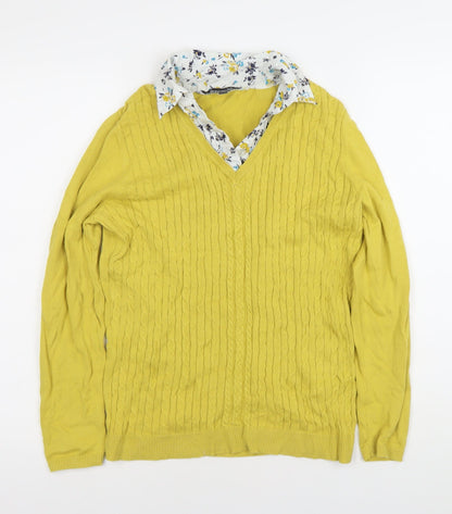 Bonmarche Womens Yellow Cable-Knit V-Neck Cotton Jumper Size 12/14