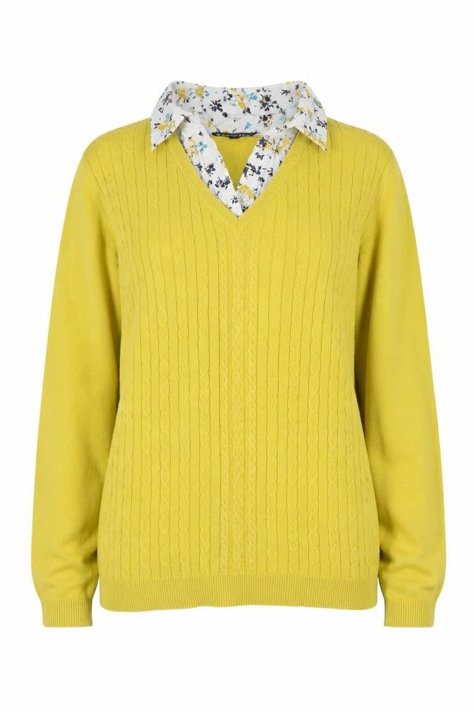 Bonmarché Womens Yellow Cable-Knit V-Neck Cotton Jumper Size 12/14