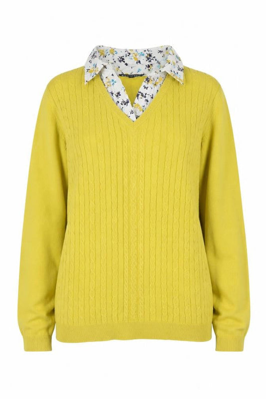 Bonmarche Womens Yellow Cable-Knit V-Neck Cotton Jumper Size 12/14