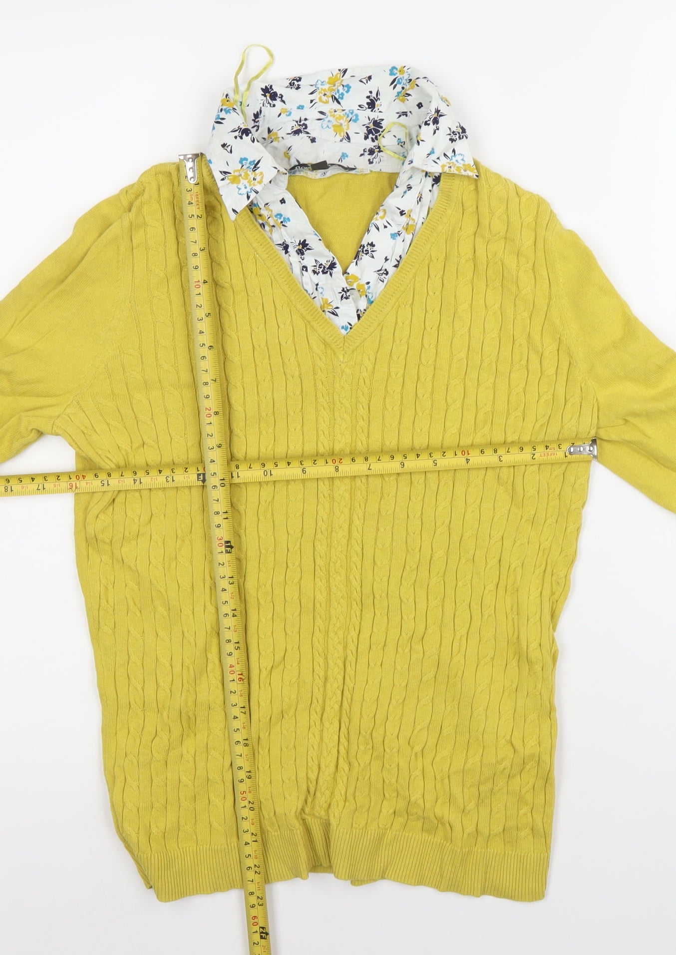 Bonmarche Womens Yellow Cable-Knit V-Neck Cotton Jumper Size 12/14