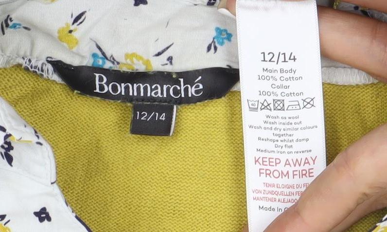 Bonmarche Womens Yellow Cable-Knit V-Neck Cotton Jumper Size 12/14