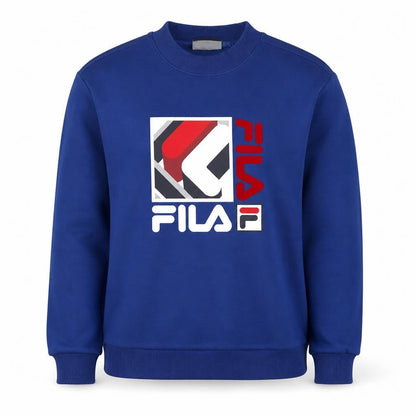 Front view of Fila unisex blue m pullover sweatshirt crew neck logo graphic
