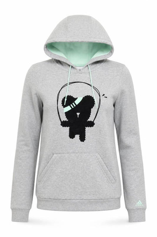 Front view of Adidas women’s grey xs pullover hoodie graphic print sportswear
