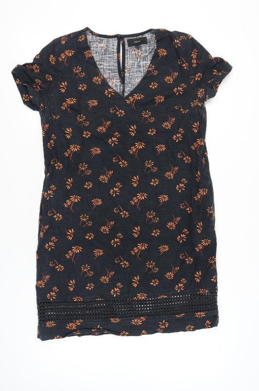 Next Women’s Black Floral Shift Dress Size 12 Knee Length Linen Blend