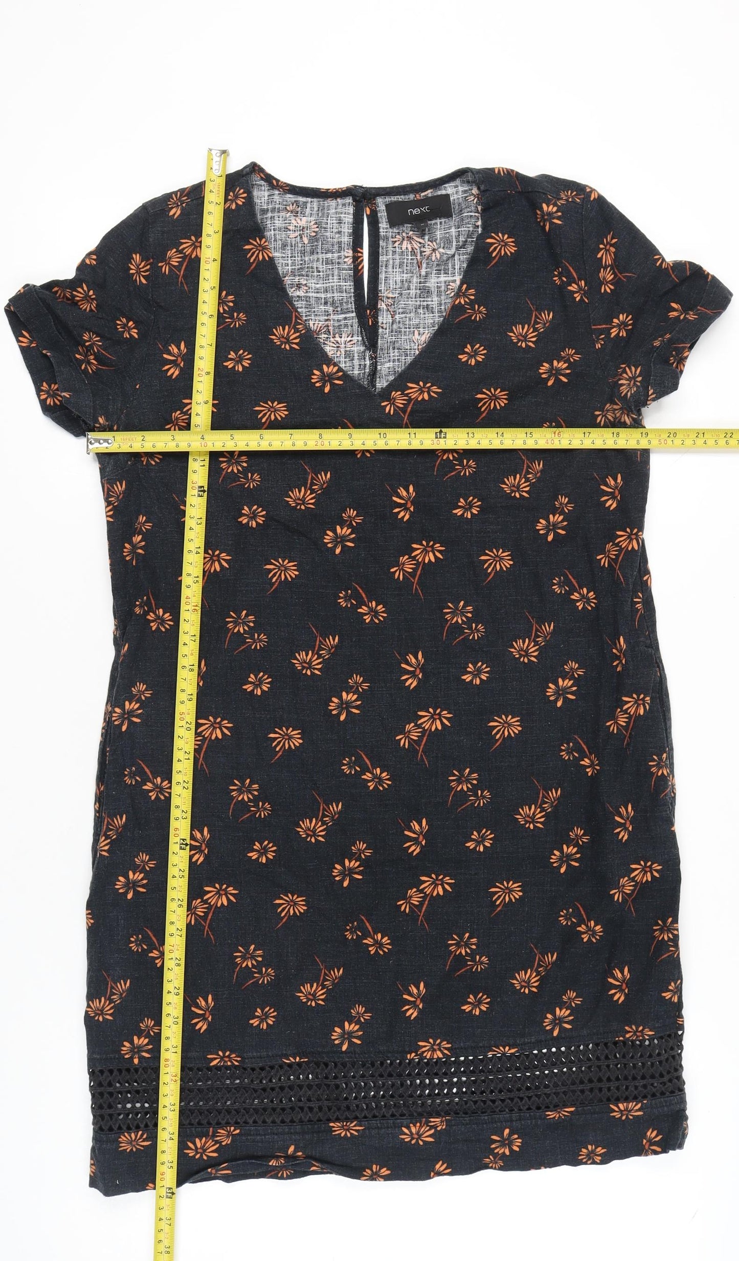 Next Women’s Black Floral Shift Dress Size 12 Knee Length Linen Blend