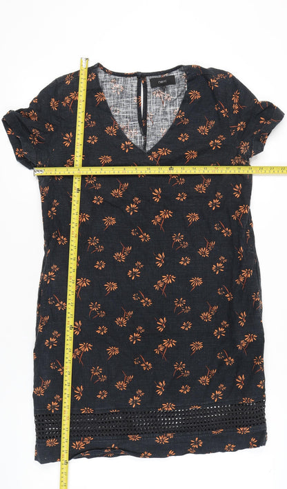 Next Women’s Black Floral Shift Dress Size 12 Knee Length Linen Blend
