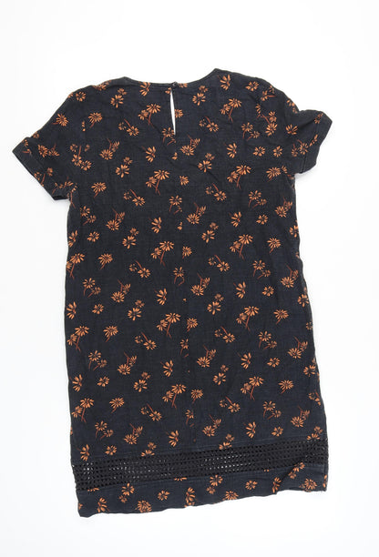 Next Women’s Black Floral Shift Dress Size 12 Knee Length Linen Blend