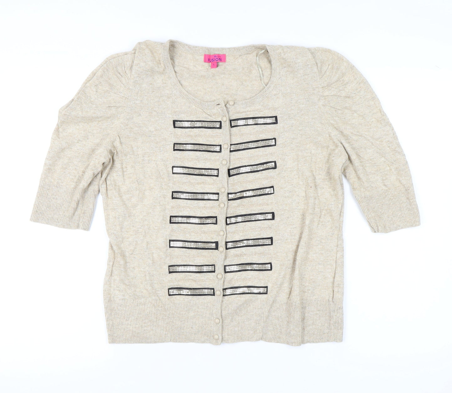 Monsoon Women’s Beige Beaded Cardigan L Puff Sleeve Knit