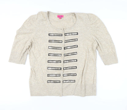 Monsoon Women’s Beige Beaded Cardigan L Puff Sleeve Knit