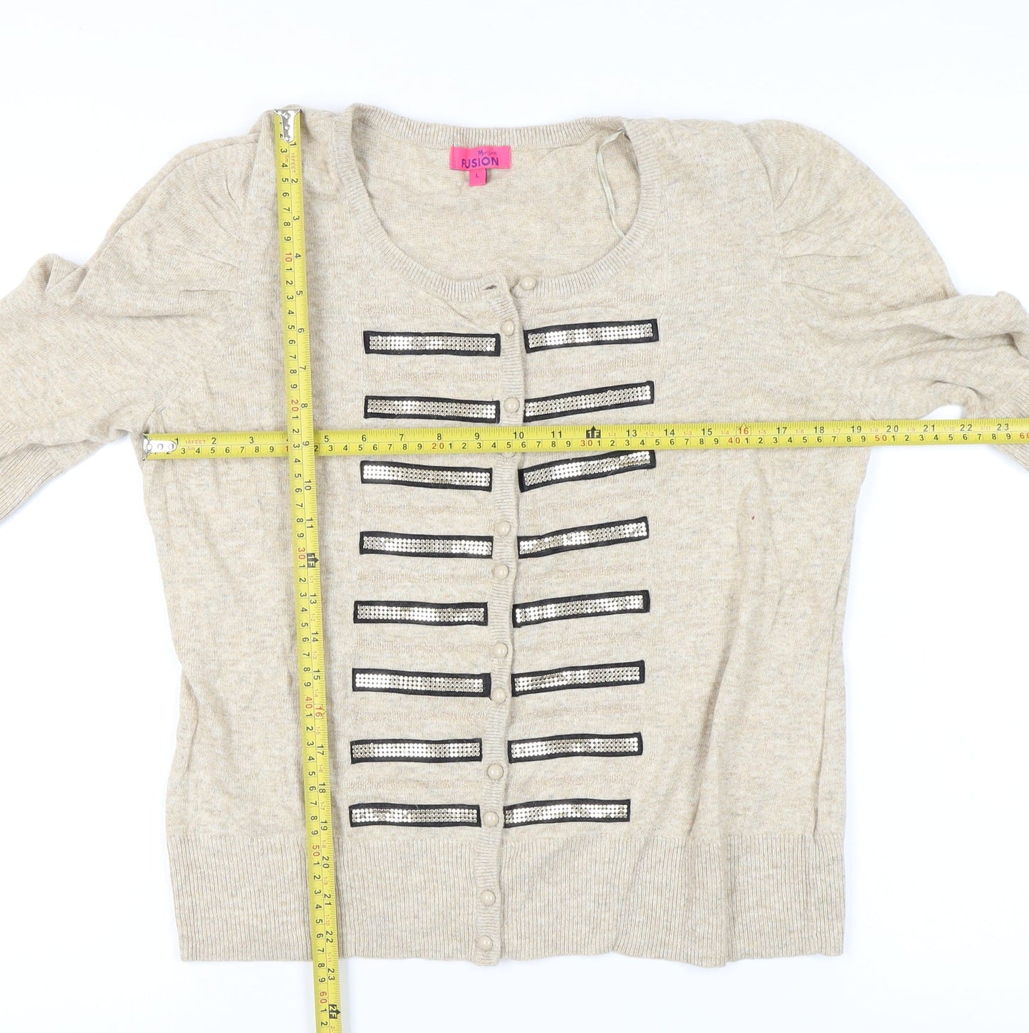 Monsoon Women’s Beige Beaded Cardigan L Puff Sleeve Knit