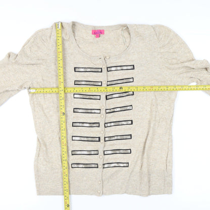 Monsoon Women’s Beige Beaded Cardigan L Puff Sleeve Knit