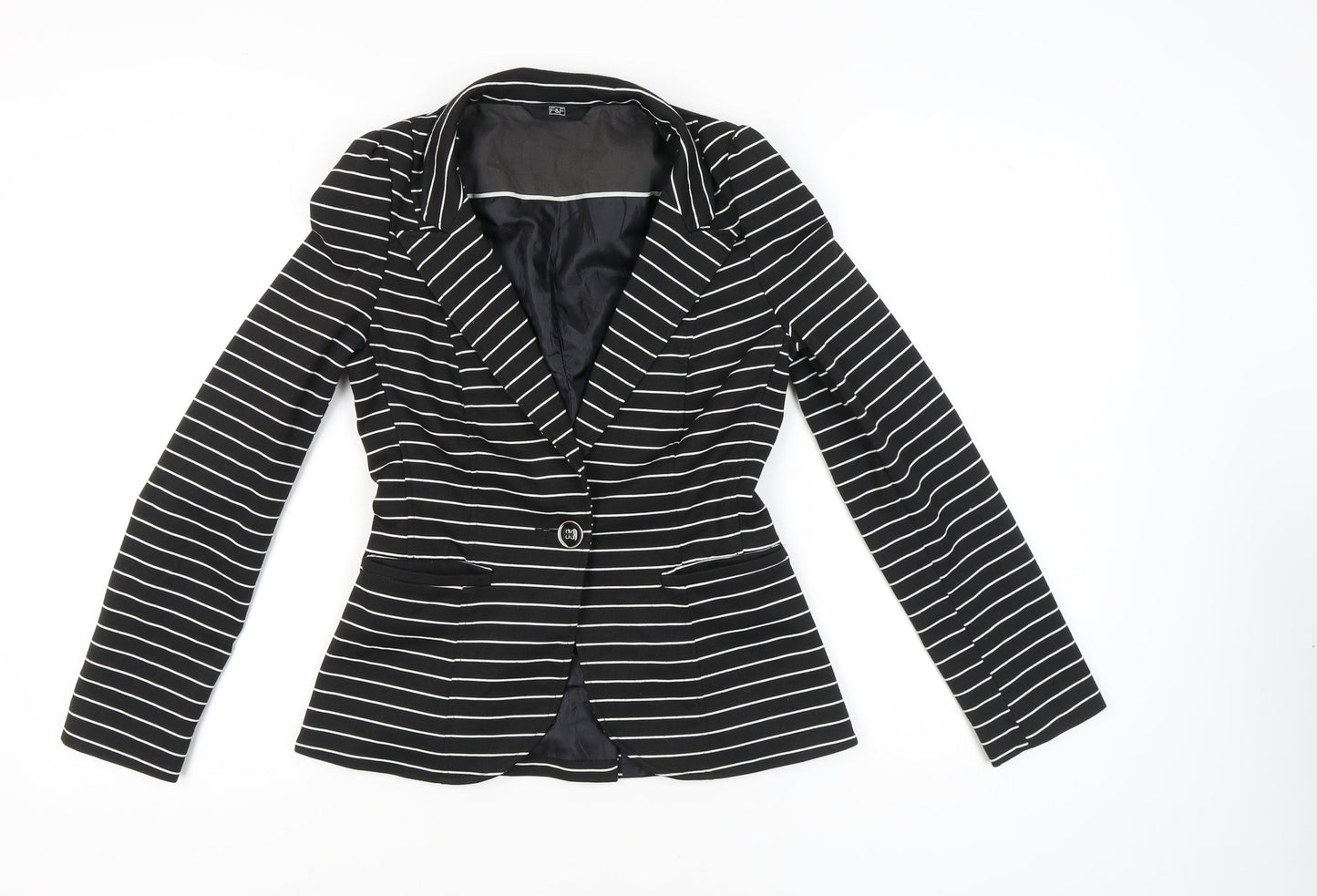 F&F Women’s Black White Stripe Slim Fit One-Button Blazer Size 8