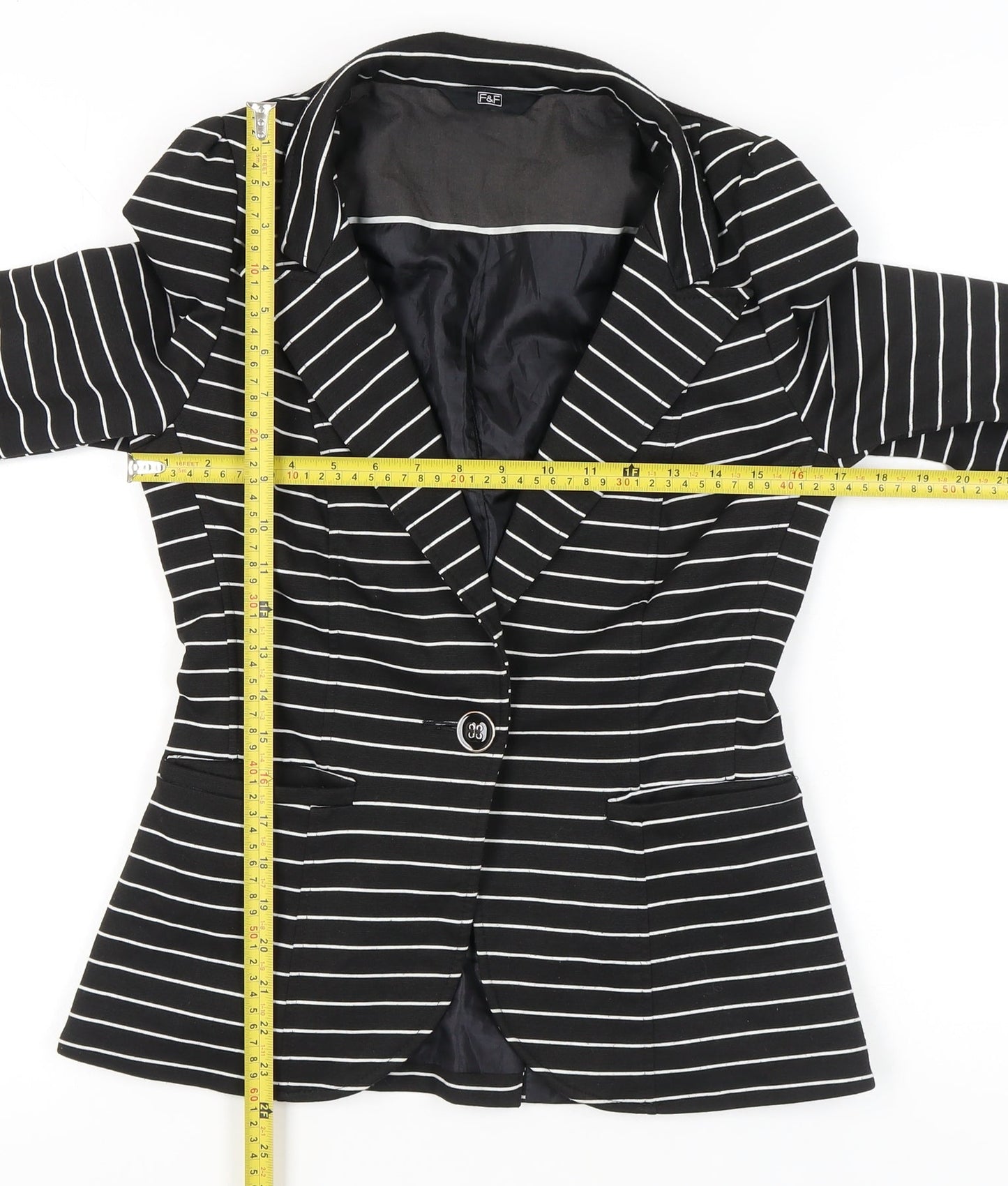 F&F Women’s Black White Stripe Slim Fit One-Button Blazer Size 8