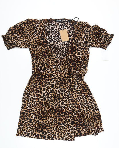 Pieces Women's Brown Leopard Print Wrap Dress Short Puff Sleeve Size S