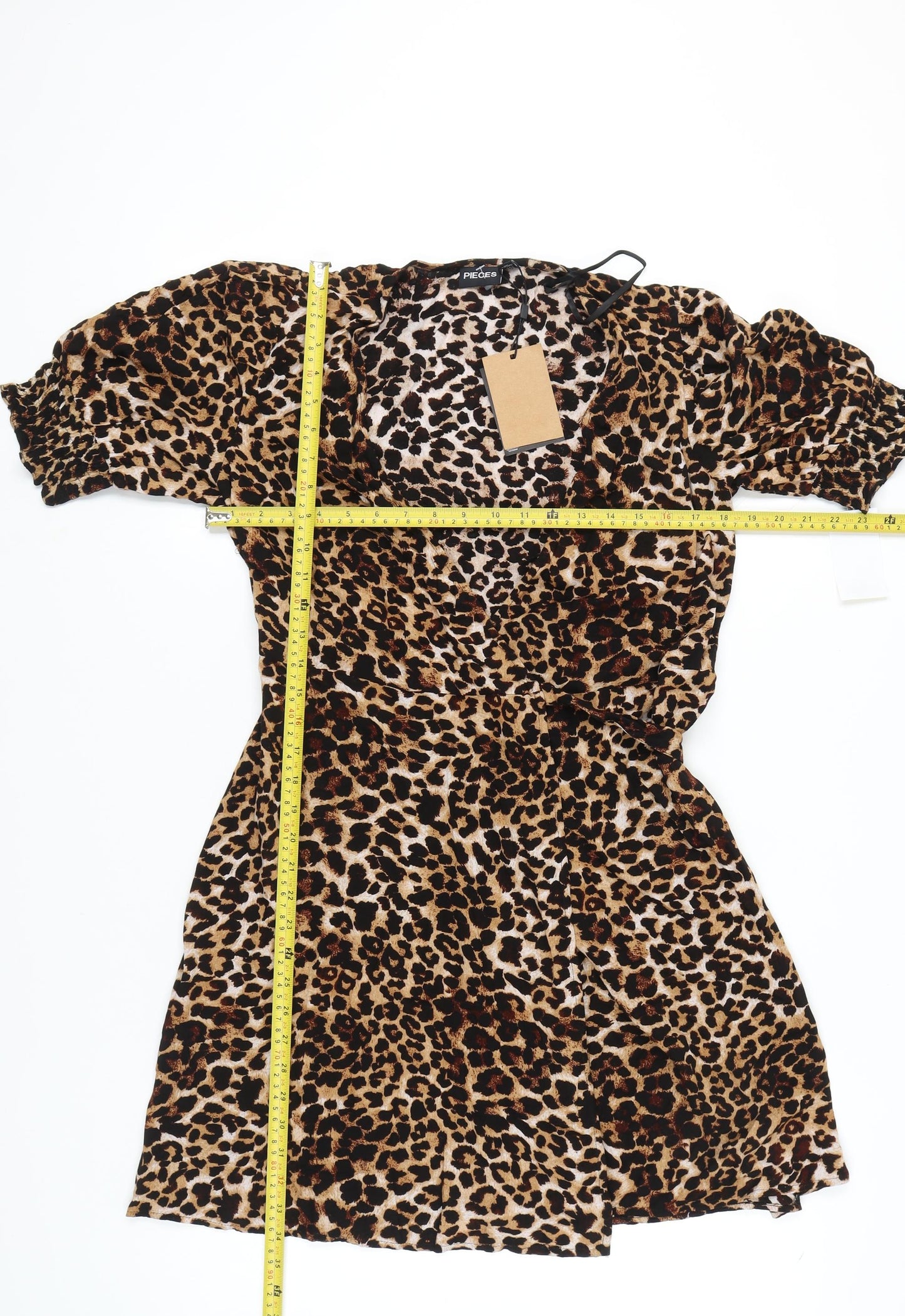 Pieces Women's Brown Leopard Print Wrap Dress Short Puff Sleeve Size S