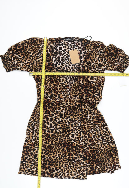 Pieces Women's Brown Leopard Print Wrap Dress Short Puff Sleeve Size S
