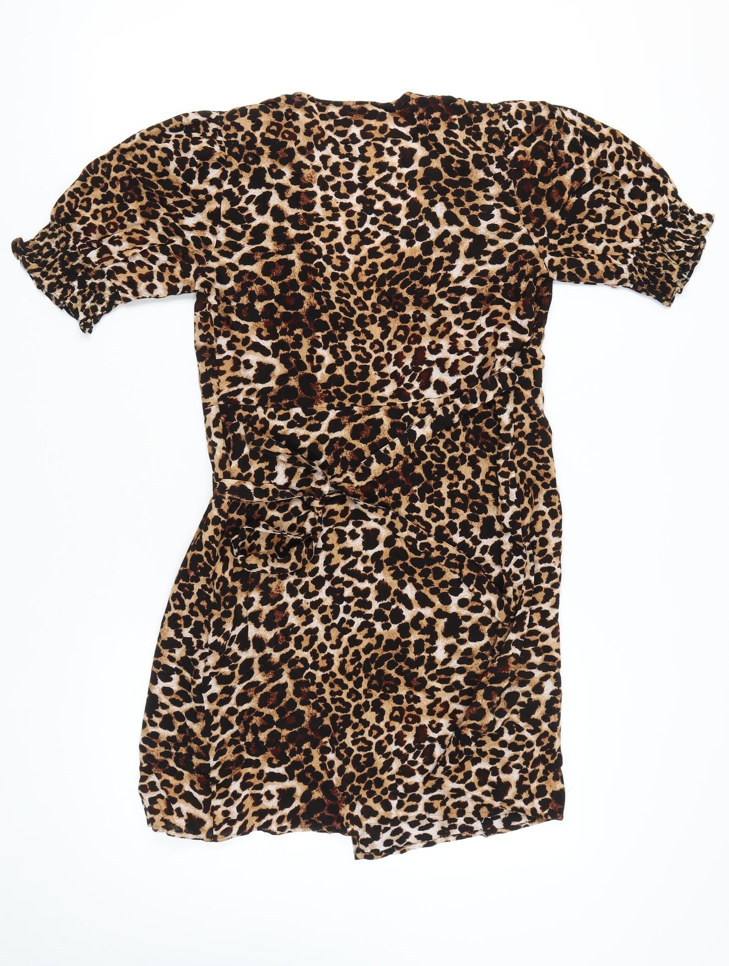 Pieces Women's Brown Leopard Print Wrap Dress Short Puff Sleeve Size S