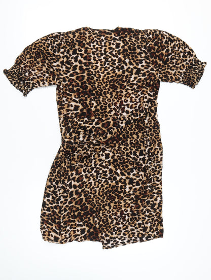 Pieces Women's Brown Leopard Print Wrap Dress Short Puff Sleeve Size S