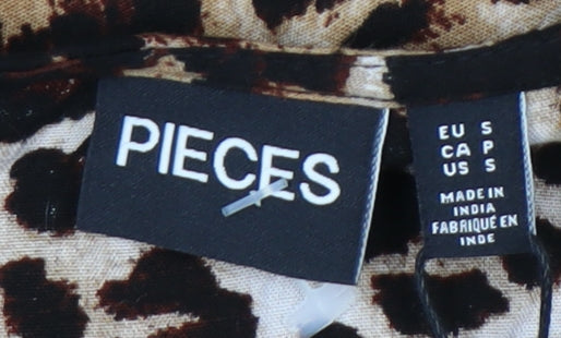 Pieces Women's Brown Leopard Print Wrap Dress Short Puff Sleeve Size S