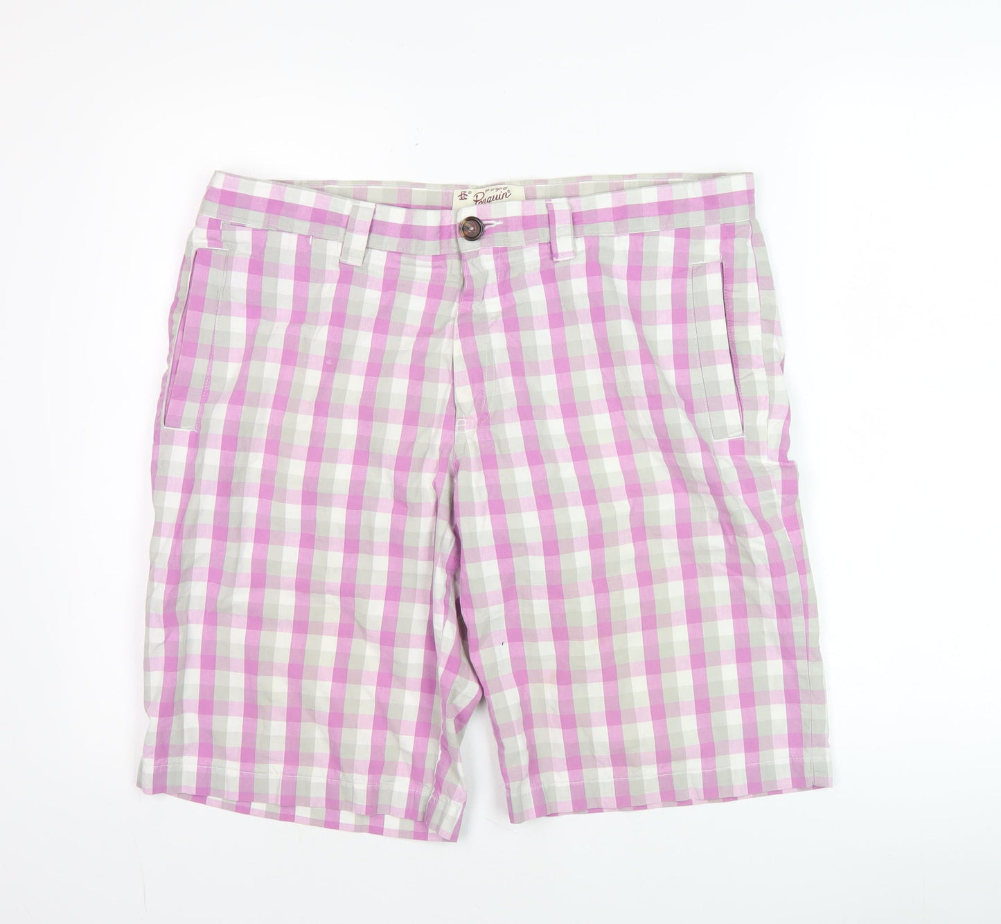 Original Penguin Men's Pink Check Chino Shorts Size 36 Cotton Regular Fit
