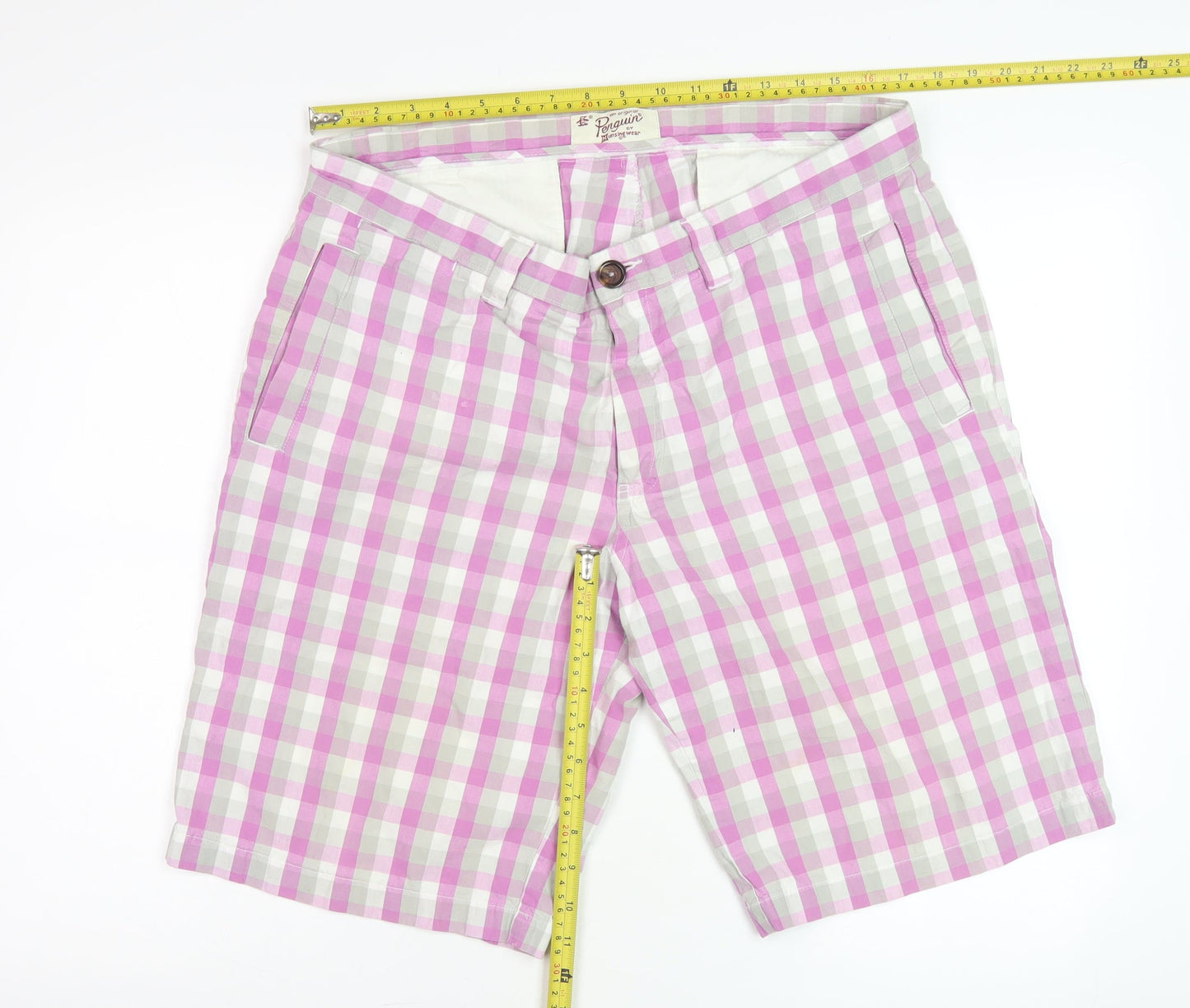 Original Penguin Men's Pink Check Chino Shorts Size 36 Cotton Regular Fit