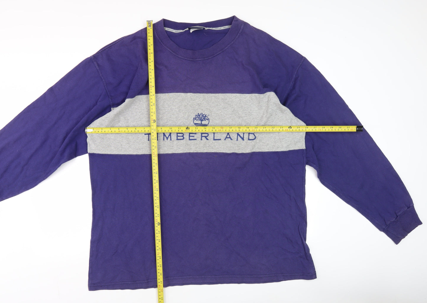 Timberland Men's Purple Grey Logo Sweater L Vintage 90s Crew Neck Pullover