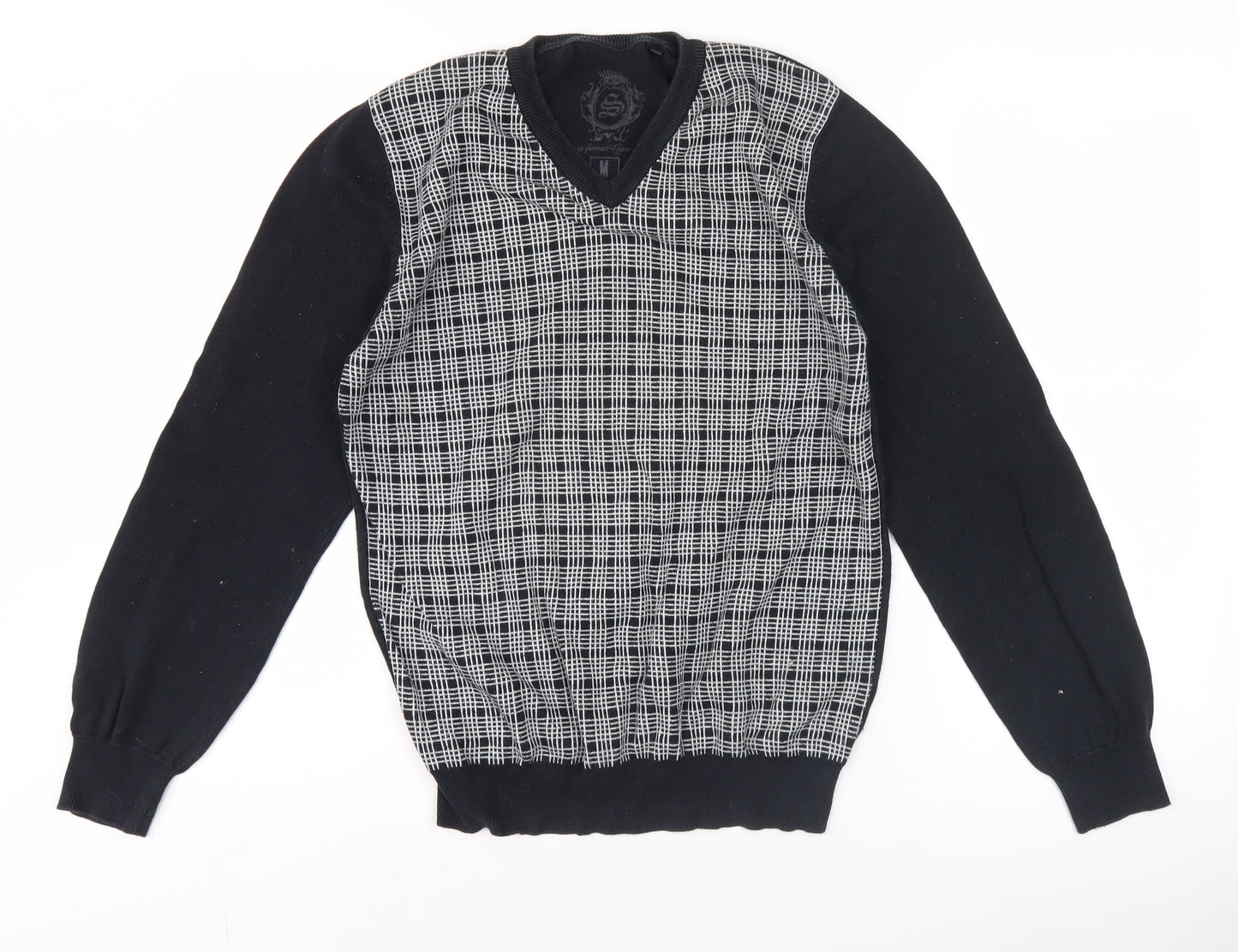 Smog Men's Black Check Front V-Neck Pullover Jumper M Regular