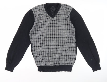 Smog Men's Black Check Front V-Neck Pullover Jumper M Regular