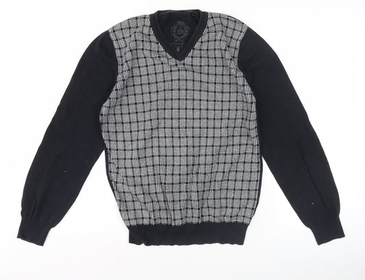 Smog Men's Black Check Front V-Neck Pullover Jumper M Regular
