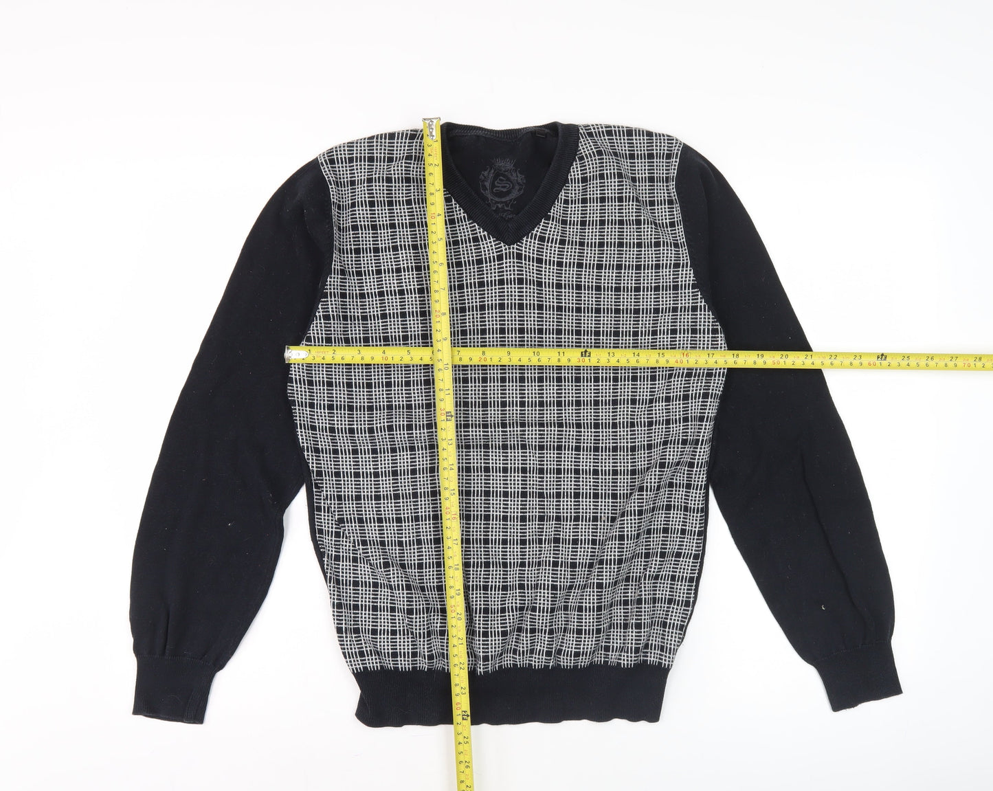 Smog Men's Black Check Front V-Neck Pullover Jumper M Regular