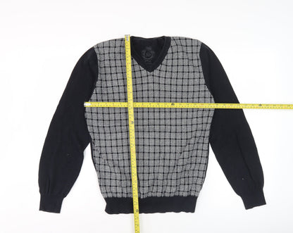 Smog Men's Black Check Front V-Neck Pullover Jumper M Regular