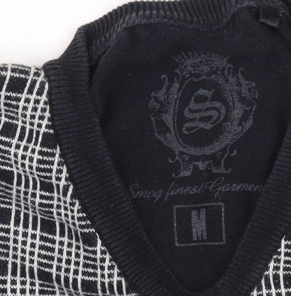 Smog Men's Black Check Front V-Neck Pullover Jumper M Regular