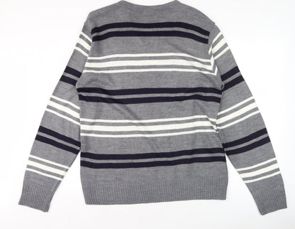 Lewis & Finch Men’s Grey Striped V-Neck Pullover Jumper L