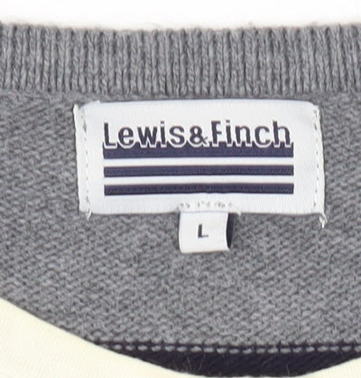 Lewis & Finch Men’s Grey Striped V-Neck Pullover Jumper L