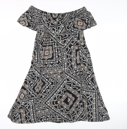 Dorothy Perkins Women’s Black Geometric Midi A-Line Off Shoulder Dress Size 10