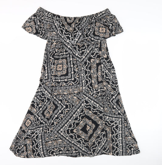 Dorothy Perkins Women’s Black Geometric Midi A-Line Off Shoulder Dress Size 10