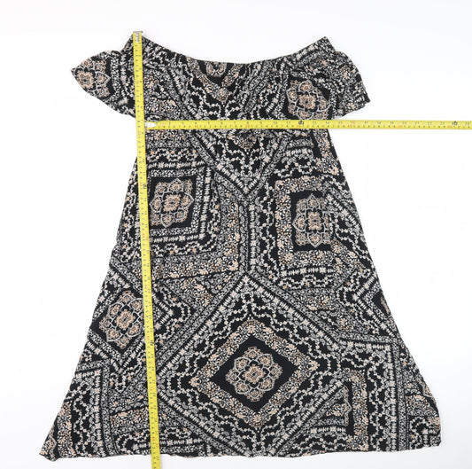 Dorothy Perkins Women’s Black Geometric Midi A-Line Off Shoulder Dress Size 10