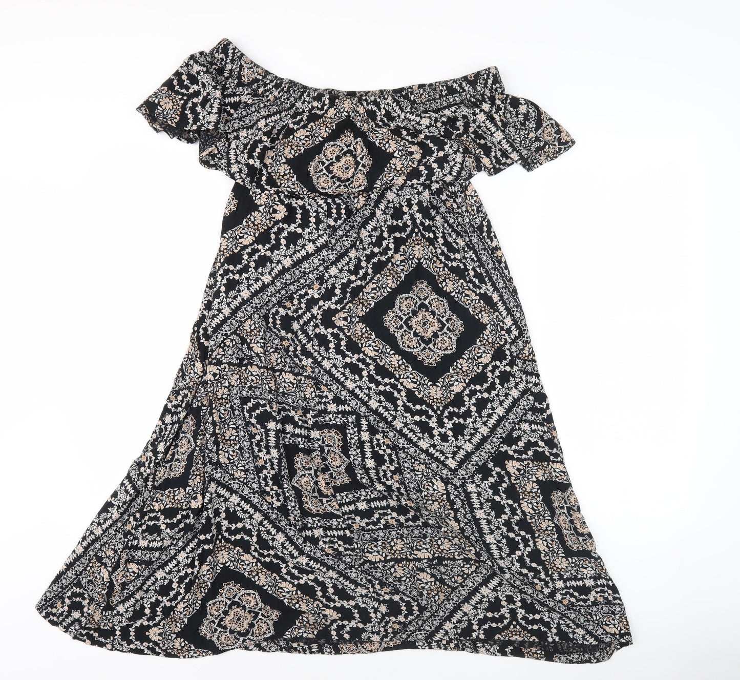 Dorothy Perkins Women’s Black Geometric Midi A-Line Off Shoulder Dress Size 10