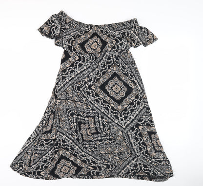 Dorothy Perkins Women’s Black Geometric Midi A-Line Off Shoulder Dress Size 10