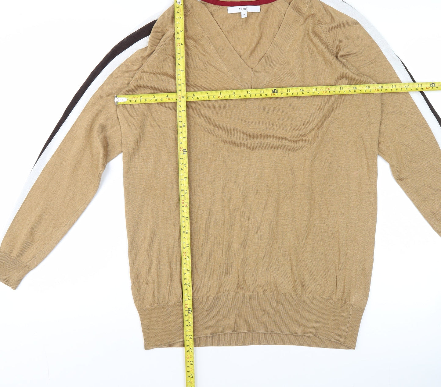 Next Men's Beige V-Neck Knit Jumper Medium Long Sleeve Casual