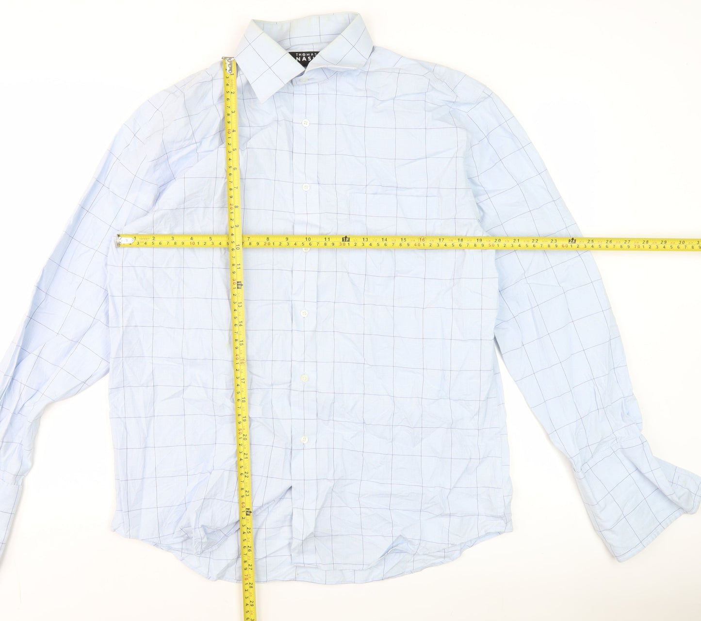 Thomas Nash Men's Blue Check 16in Cotton Long Sleeve Shirt
