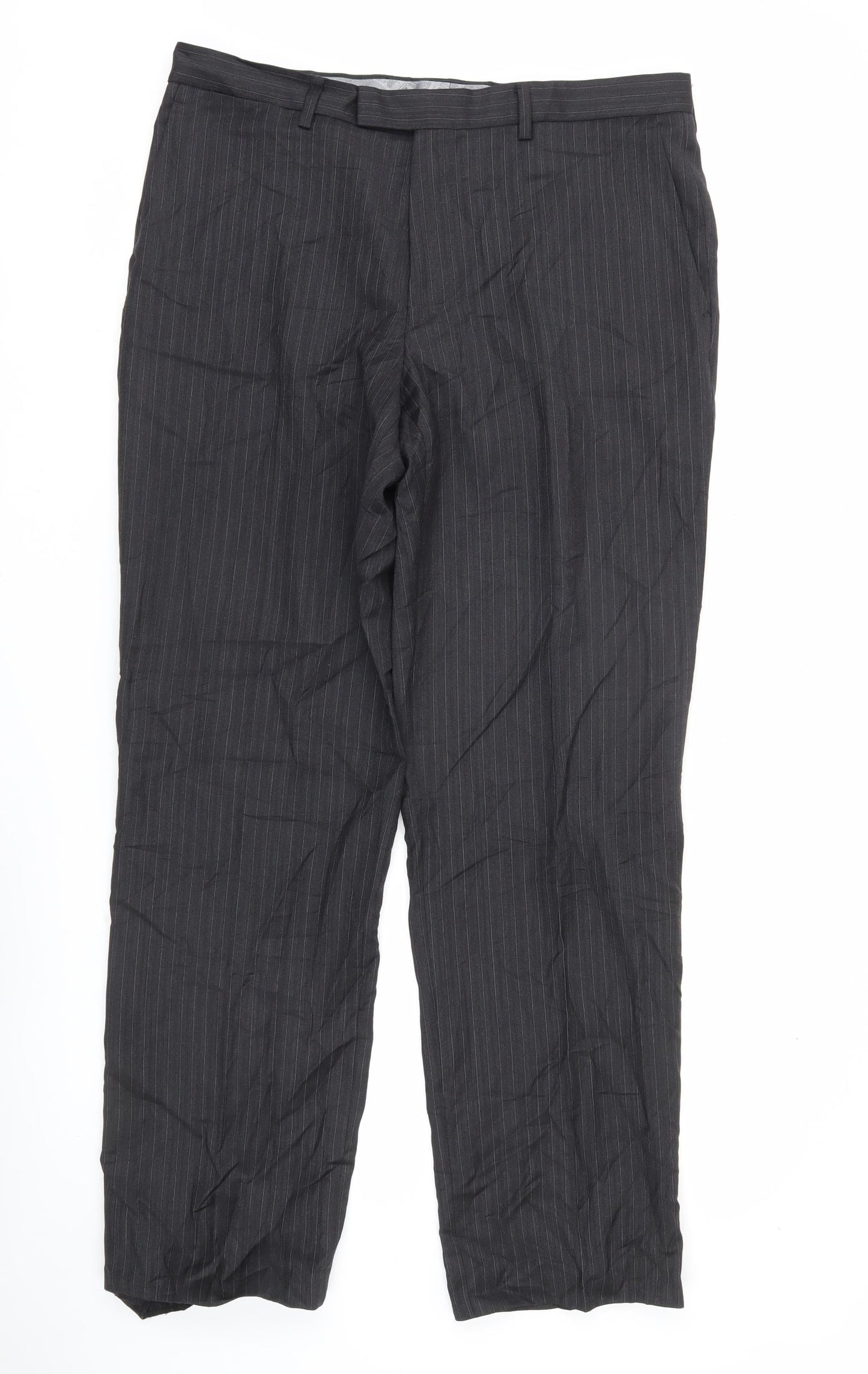 Next Men’s Black Pinstripe Dress Trousers 34R Wool Blend Regular Fit