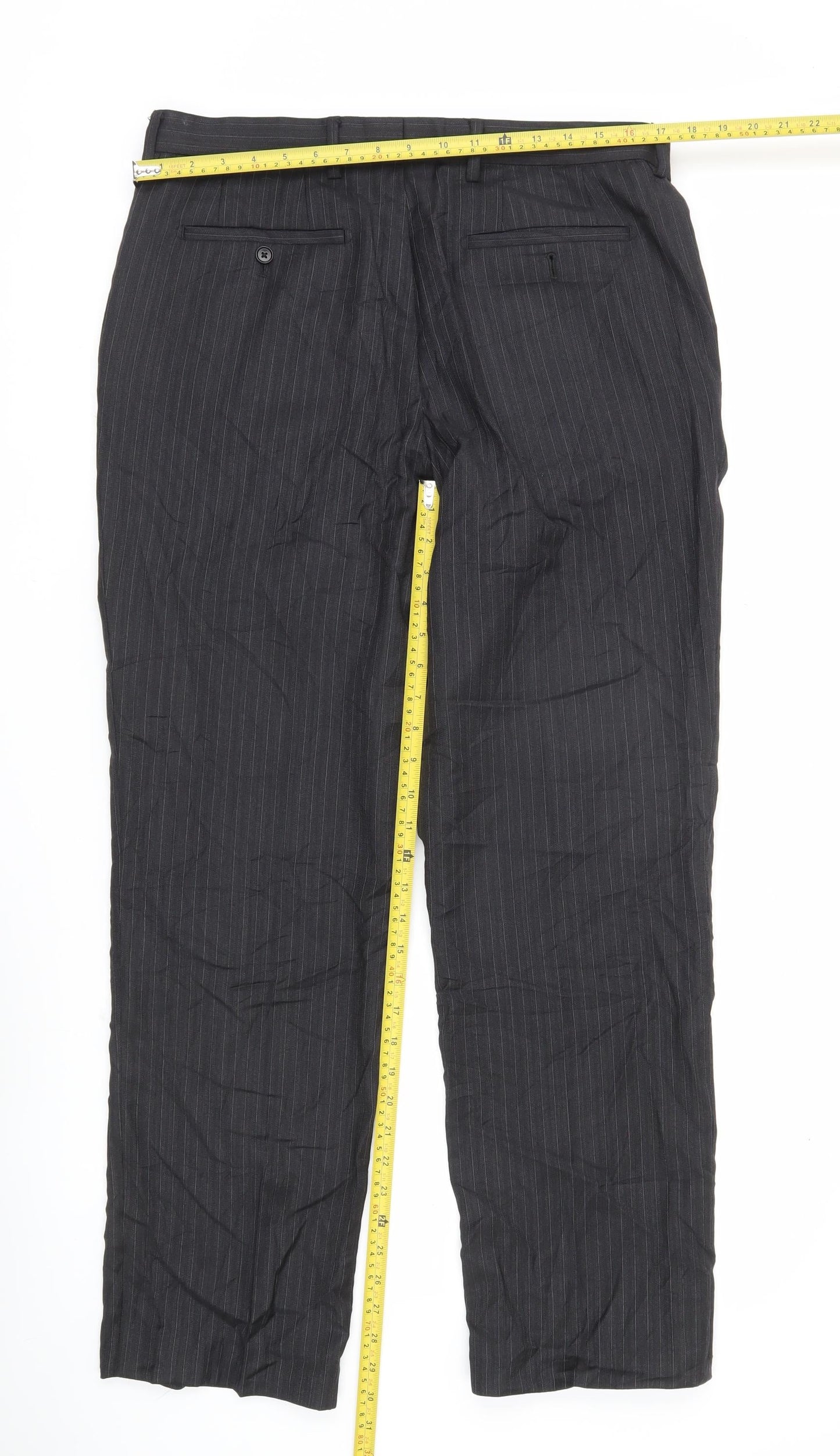 Next Men’s Black Pinstripe Dress Trousers 34R Wool Blend Regular Fit