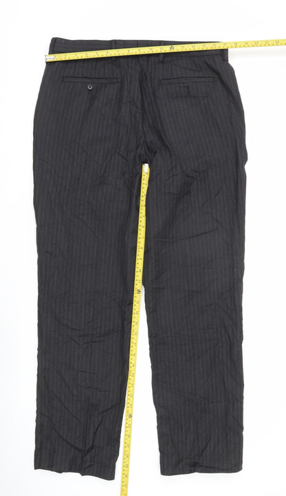 Next Men’s Black Pinstripe Dress Trousers 34R Wool Blend Regular Fit