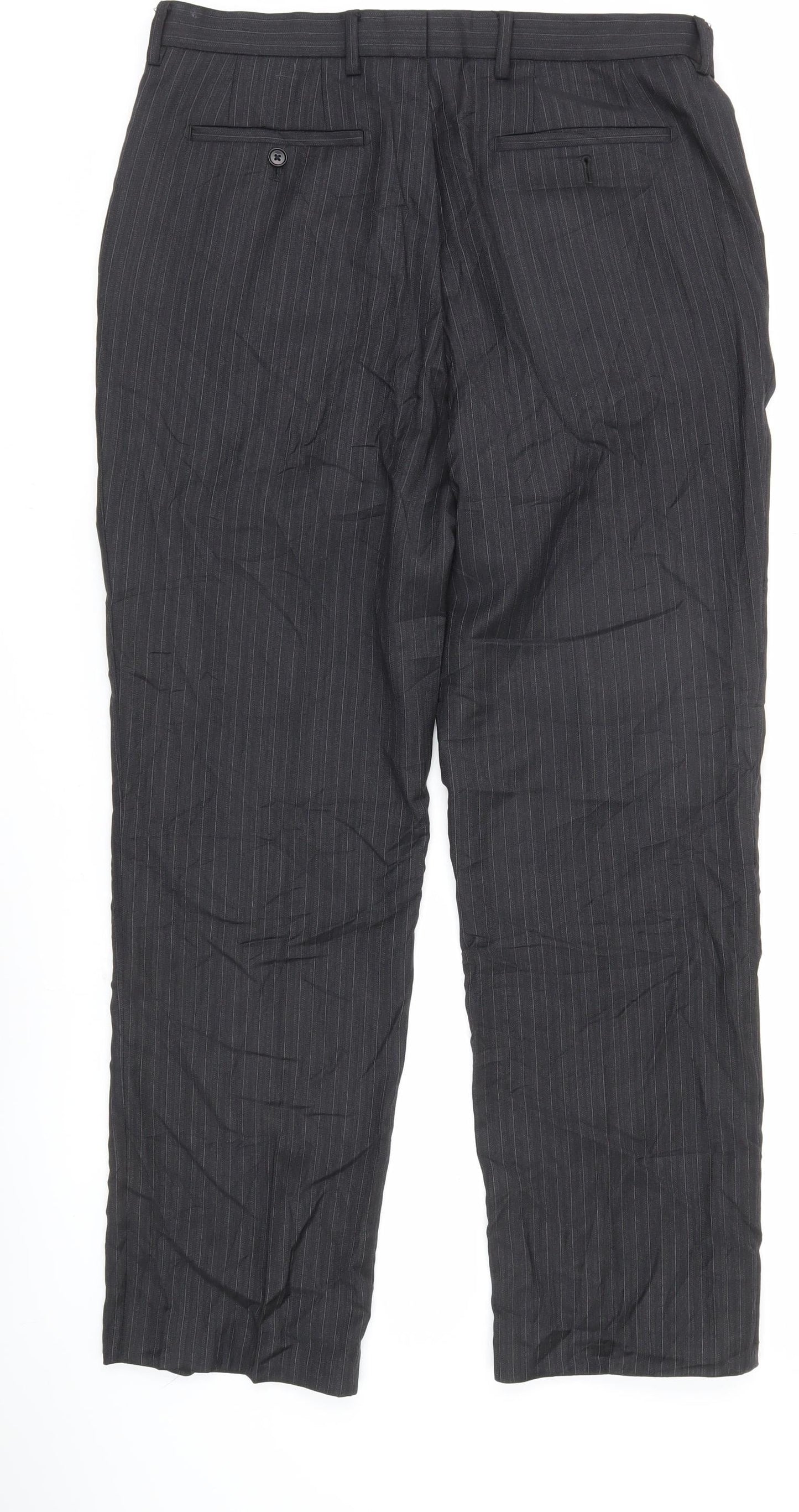Next Men’s Black Pinstripe Dress Trousers 34R Wool Blend Regular Fit