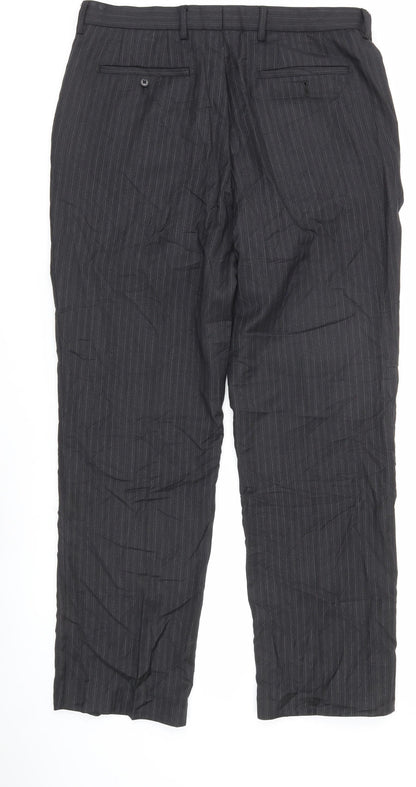 Next Men’s Black Pinstripe Dress Trousers 34R Wool Blend Regular Fit