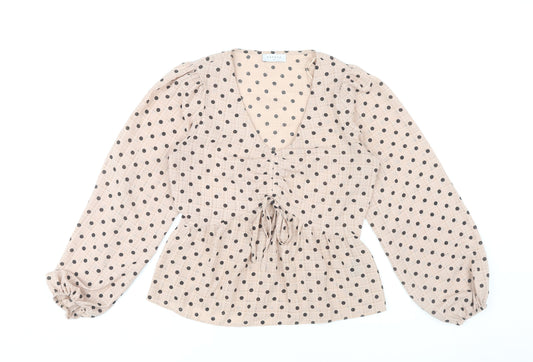 Papaya Women’s Beige Polka Dot Wrap Blouse Size 8 Long Sleeve