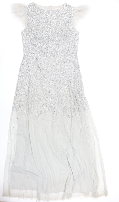Coast Women’s Silver Beaded Sequin Maxi Dress Size 14 Formal Wedding
