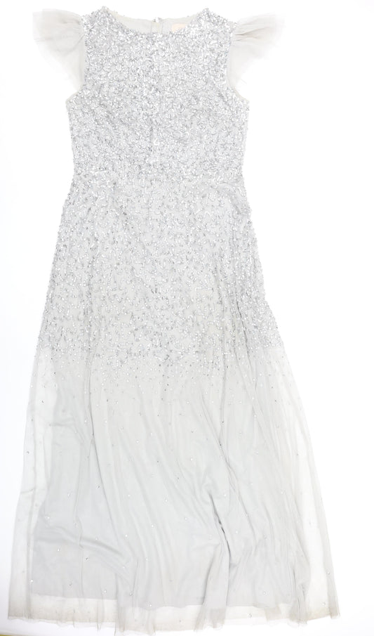 Coast Women’s Silver Beaded Sequin Maxi Dress Size 14 Formal Wedding